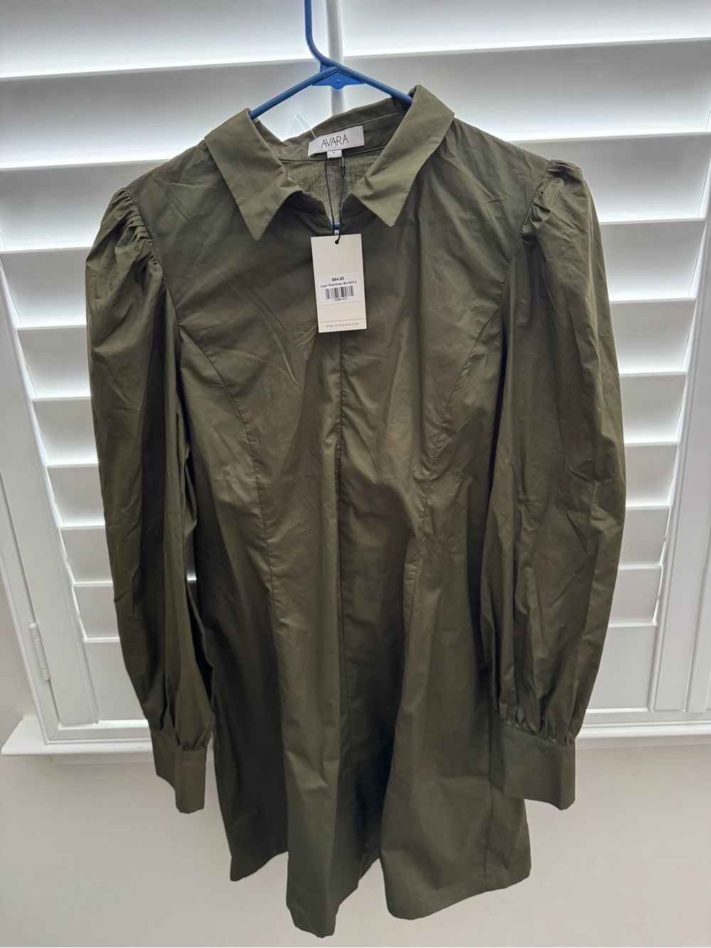 Avara Olive Green Puff-Sleeve Shirt Dress